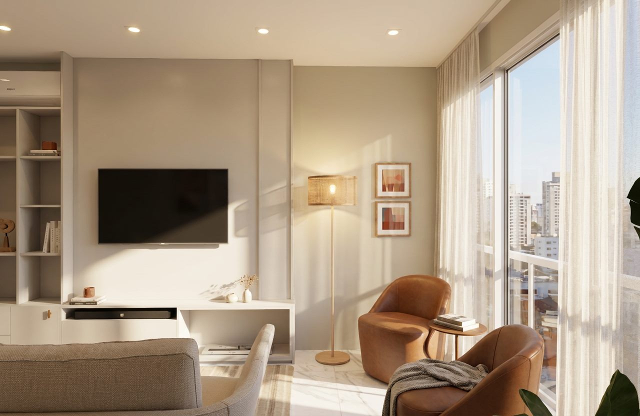 Estar com painel de marcenaria e poltronas em couro