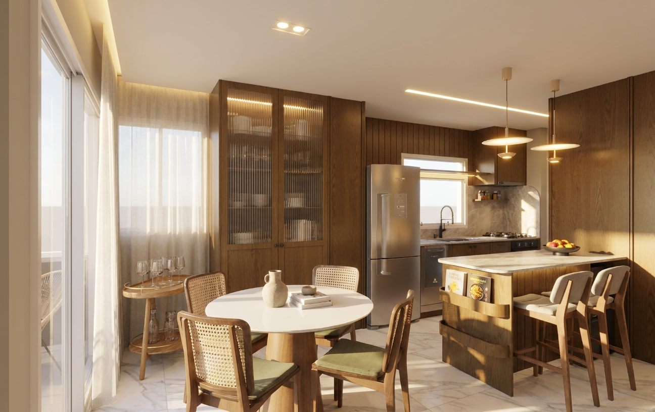 Sala de jantar com cristaleira ripada e bancada